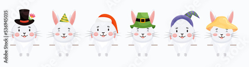 Set of cute gray rabbit faces. Bunny with wearing various hats look out from above. Animal character in cartoon style isolated on white background