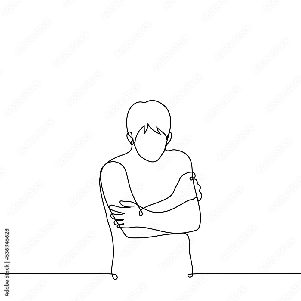 man is cold and shivering - one line drawing vector. concept lonely, freezing person