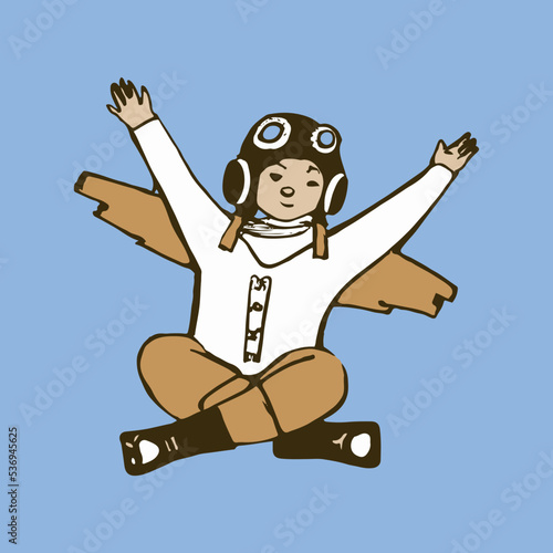 Happy child playing with toy paper wings at home. Children have fun. Success, creativity and entrepreneurial concept. Flat vector illustration isolated.background.