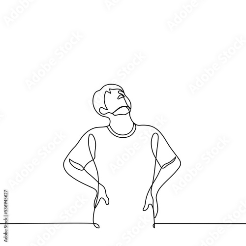 man stands leaning his hands on his sides with his face up - one line drawing vector. concept done, tired, stressed