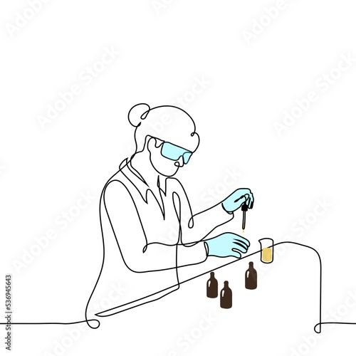 woman in glasses and gloves drips liquid substances in vessels and bottles in the laboratory - one line drawing vector. concept laboratory chemical experiments, product creation and development