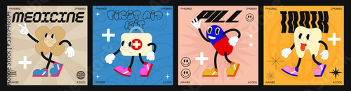 Cartoon characters medicine 90s. fashion poster. funny colorful characters in doodle style, first aid kit, plaster, pill, tooth with gloved hands. Vector groovy illustration with typography