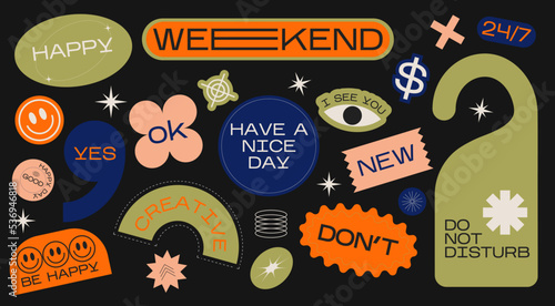 Collection of various patches, labels, tags, stickers, stamps for shopping and packaging. discounts, new collection. Vector set, trendy promo labels