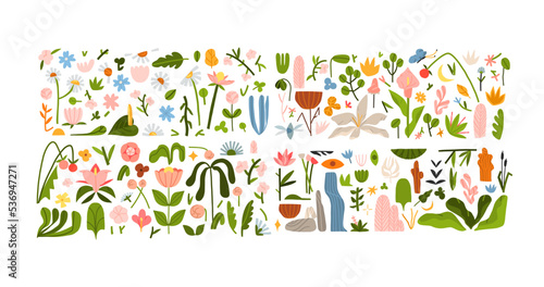 Hand drawn vector abstract graphic clipart illustrations collection set of composition with abstract boho nature shapes of blossom flowers and tropical leaves.Modern nature design.Botanical garden.