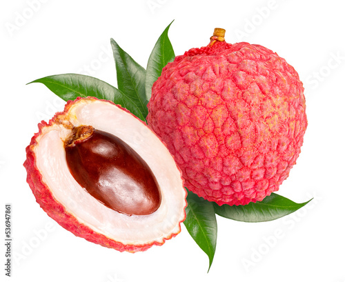 Sweet lychees fruits with leaves on White, Lychee with leaves isolated on white background PNF file