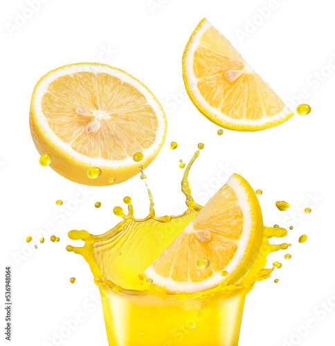 Fresh Lemon fruit falling into orange juices splashing on white background, With clipping path