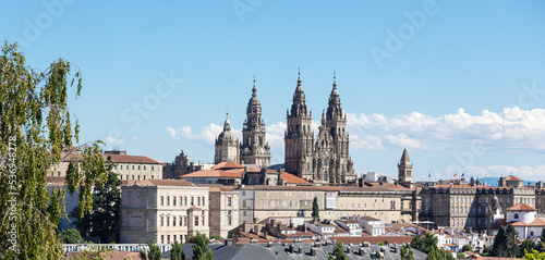 Panoramic view of Santiago de Compostela old city with its amazing cathedral on sunny day