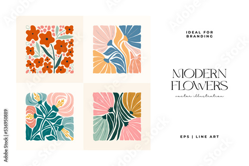 Floral abstract elements. Botanical composition. Modern trendy Matisse minimal style. Floral poster, invite. Vector arrangements for greeting card or invitation design