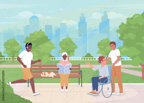 Walk in park flat color vector illustration. Active lifestyle. Social life inclusion. Recreation and leisure time. Fully editable 2D simple cartoon characters with city landscape on background