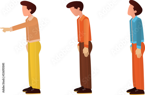 Set of people in flat style style. Three guys drawn in profile.
