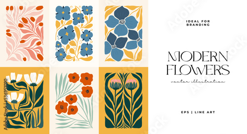 Floral abstract elements. Botanical composition. Modern trendy Matisse minimal style. Floral poster, invite. Vector arrangements for greeting card or invitation design
