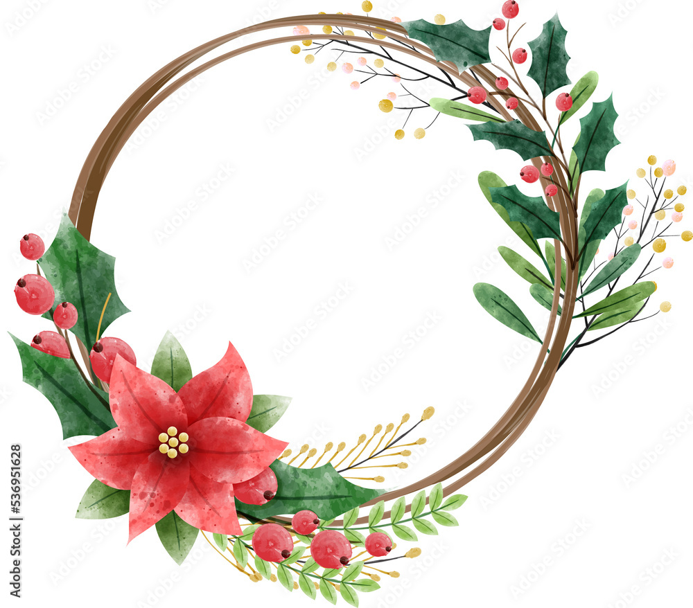 Naklejka premium Christmas holly and berries wreath in watercolors style