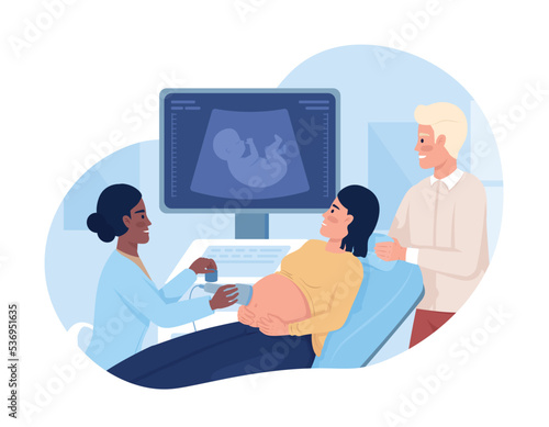 Couple at baby ultrasound scan 2D vector isolated illustration. Prenatal care flat characters on cartoon background. Healthcare colourful editable scene for mobile, website, presentation