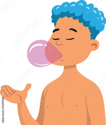 A little boy with chewing gum bubble. Cute kid blowing a pink bubble gum. 