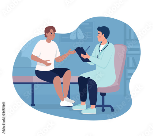 Therapist listening to patient in office 2D vector isolated illustration. Medical appointment flat characters on cartoon background. Clinic colourful editable scene for mobile, website, presentation