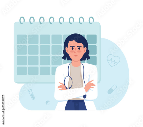 Schedule doctor appointment 2D vector isolated illustration. Healthcare service flat characters on cartoon background. Planning colourful editable scene for mobile, website, presentation
