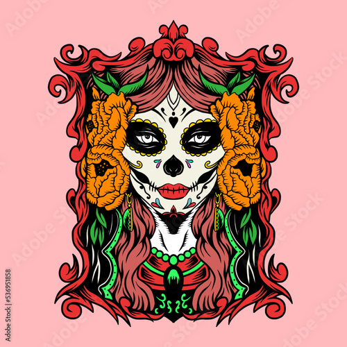 Sugar skull lady with frame