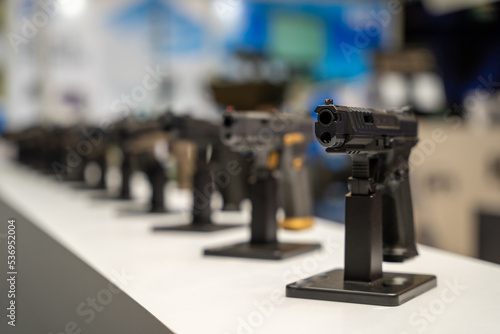 Pistols Lined Up in the Gun Shop