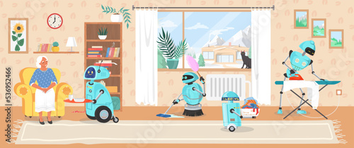 Robot assistant work at home vector illustration
