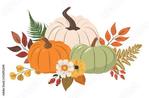 Cute cartoon autumn with colorful pumpkins, flowers and forest leaves. Harvest festival design