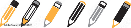 Pencil Icon. Eraser Pen Flat and Outline Design and Back to School Concept on White Background.
