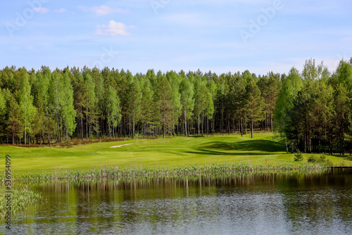 Fototapeta Naklejka Na Ścianę i Meble -  The Golf club bag for golfer training and play in game with golf course background , green tree sun rays.