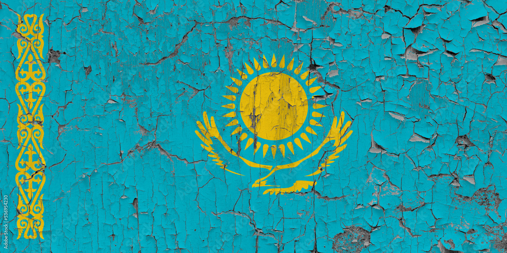 3D Flag of Kazakhstan on an old stone wall background.