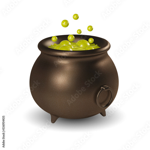 3D realistic cartoon witch boiler with a liquid green toxic poison with bubbles. Vector illustration. Isolated clipart with traditional decorative element for Helloween