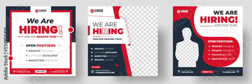 We are hiring job vacancy social media post banner design template with red color. We are hiring job vacancy square web banner design.