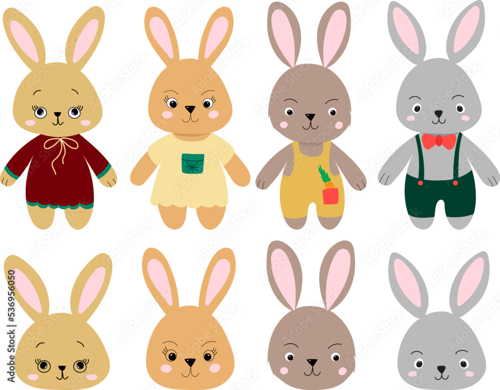 set of cartoon rabbits on white background, isolated vector set of cartoon rabbits on white background, isolated vector