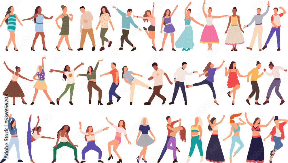 big set of dancing people on white background, isolated vector