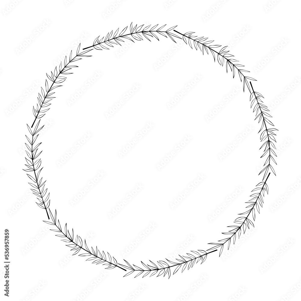 Vector round frame, wreath made of outline twigs, branches, hand drawn in doodle style. Theme is forest, nature, Christmas Vector round frame, wreath made of outline twigs, branches, hand drawn in doodle style. Theme is forest, nature, Christmas