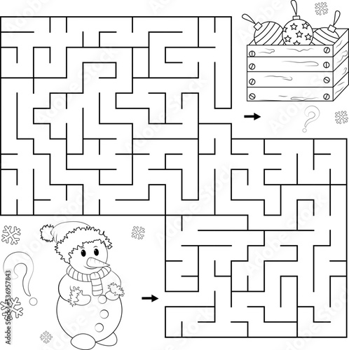 Labyrinth or labyrinth game. Puzzle for children. Cartoon snowman and box with Christmas toys. Coloring book for children. Vector illustration