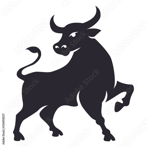 Bull stylized illustration. Black ox stylized silhouette. Bull icon in chinese cartoon style