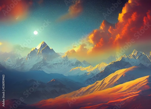 Colorful clouds over snowy mountains in the Alps