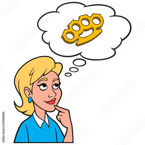 Girl thinking about Brass Knuckles - A cartoon illustration of a Girl thinking about using Brass Knuckles in a fight.