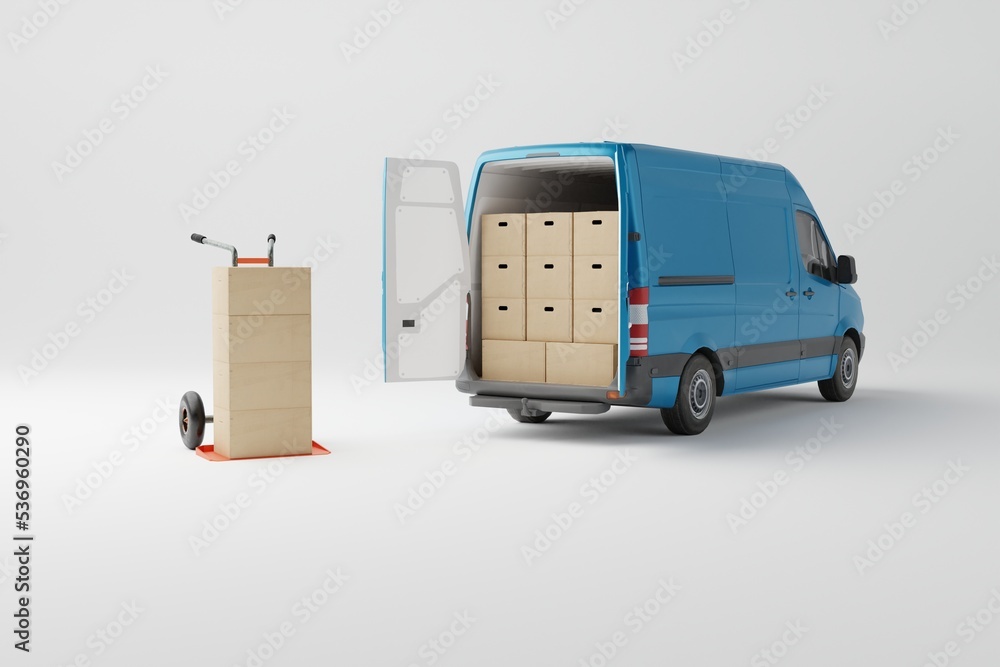 Commercial delivery blue van with cardboard boxes on white background. Delivery order service company transportation box business background with van truck. 3d rendering, 3d illustration. - obrazy, fototapety, plakaty 