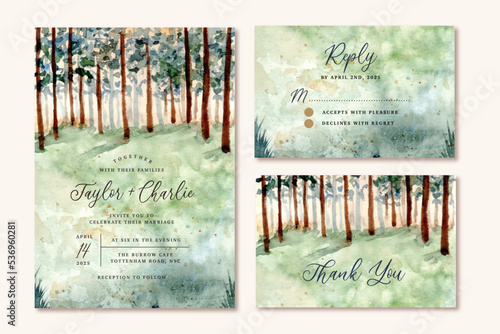 wedding invitation set with green forest watercolor landscape