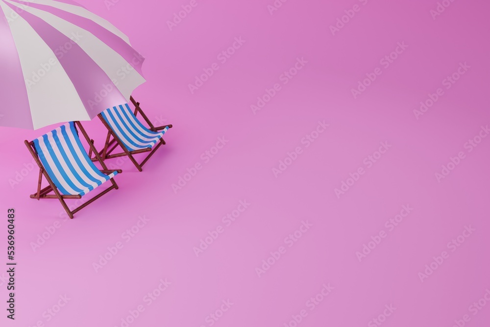 Obraz premium Sun loungers on the beach. The concept of rest by the sea, sunbathing. 3D rendering, 3D illustration.