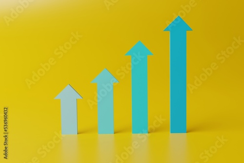 Up arrows of different colors. The concept of the growth of statistics and the development of the company, life. 3D rendering, 3D illustration.