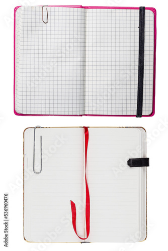 two blank note books with paper clip and elastic strap