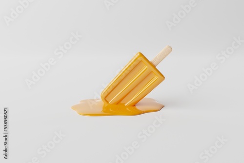 Melted orange ice lolly on a pastel background. Concept of summer, vacation. Cooling down on warm days. 3d rendering, 3d illustration.