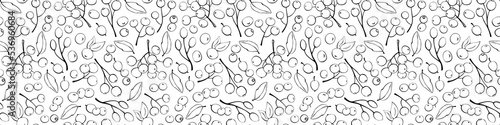 Vector seamless pattern of small outline berries singly. Rowan berries, viburnum, blueberry, lingonberry, cranberry. Botanical texture isolated on white, hand drawn in doodle style