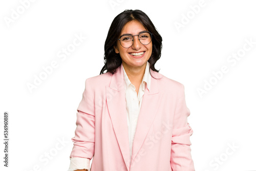 Fotografia Young Indian business woman wearing a pink suit isolated happy, smiling and cheerful