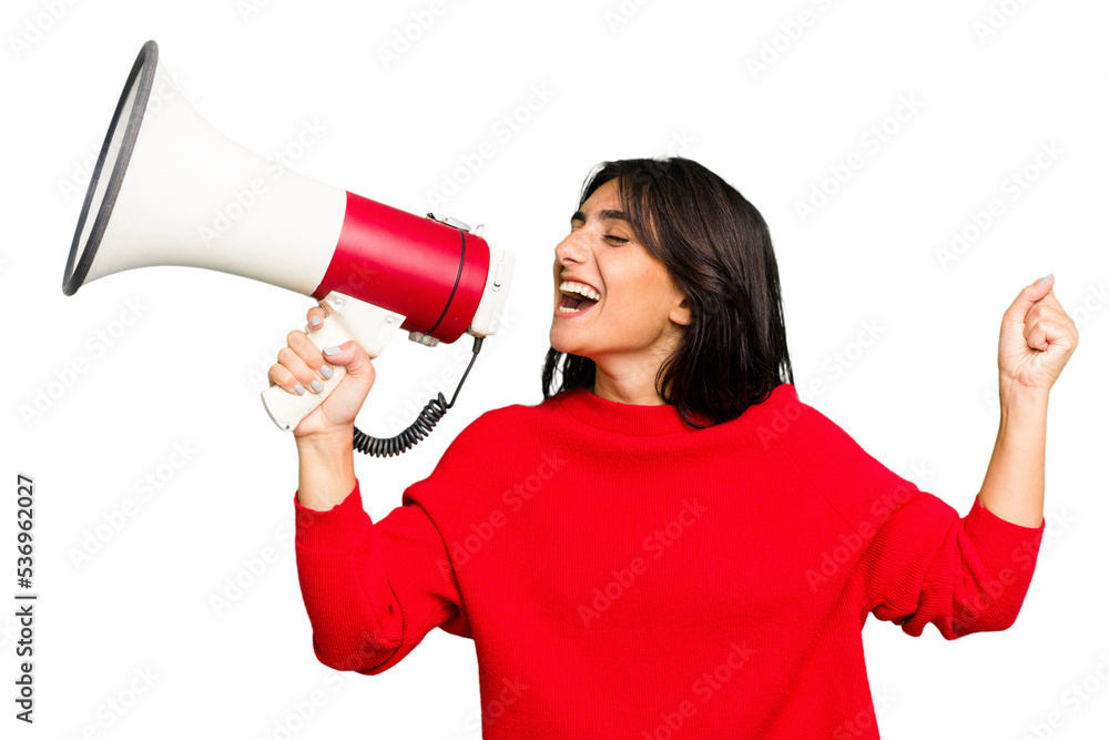 Young Indian woman holding a megaphone isolated Young Indian woman holding a megaphone isolated