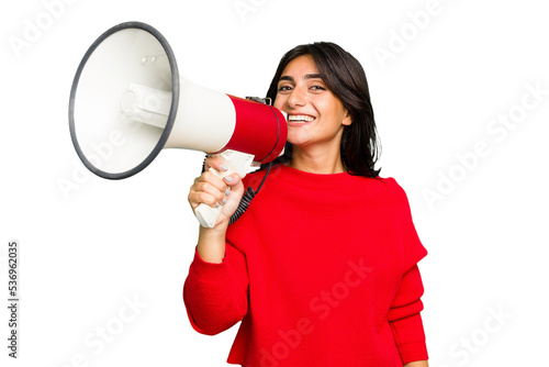 Young Indian woman holding a megaphone isolated photo