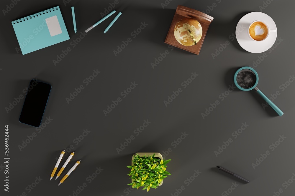Various business items like magnifier, pens, telephone on a pastel blue background. Business concept. 3d render. Various business items like magnifier, pens, telephone on a pastel blue background. Business concept. 3d render.