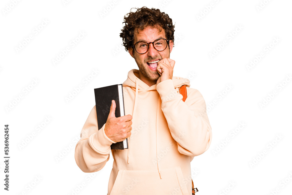 Young caucasian student man isolated biting fingernails, nervous and very anxious. Young caucasian student man isolated biting fingernails, nervous and very anxious.