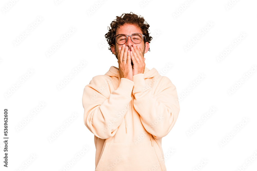 Young caucasian curly hair man isolated Young caucasian man with curly hair isolated laughing about something, covering mouth with hands. Young caucasian curly hair man isolated Young caucasian man with curly hair isolated laughing about something, covering mouth with hands.