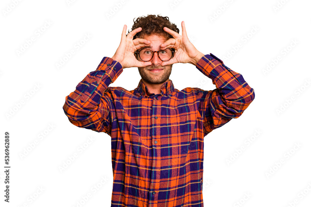 Young caucasian curly hair man isolated Young caucasian man with curly hair isolated excited keeping ok gesture on eye. Young caucasian curly hair man isolated Young caucasian man with curly hair isolated excited keeping ok gesture on eye.